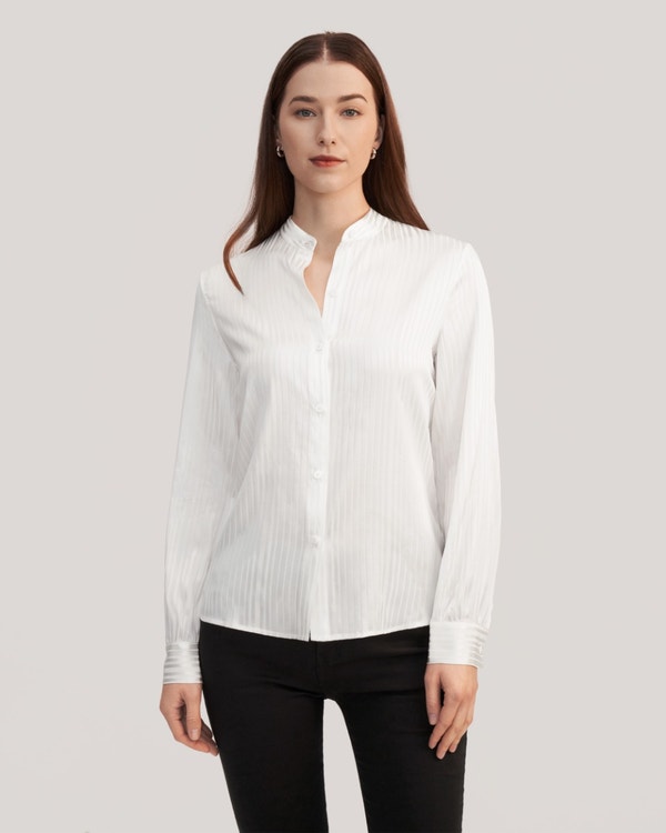 Mandarin Collar Striped Silk Shirt