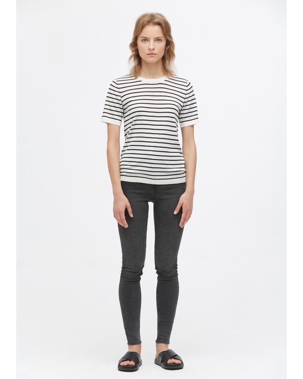 Crewneck Short-Sleeve Silk Striped Knitted T-Shirt