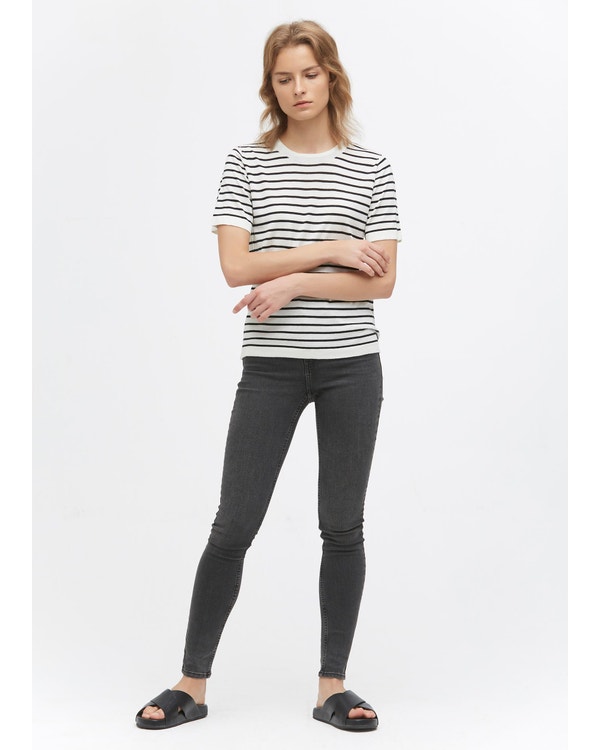 Crewneck Short-Sleeve Silk Striped Knitted T-Shirt